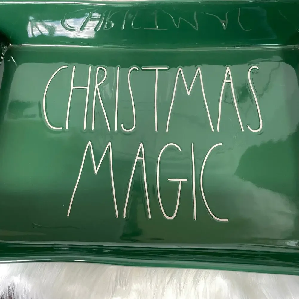 Rae Dunn Christmas Magic Lasagna Dish Green Ceramic Baking Magenta READ Chipped